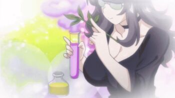 2023 20s animated animated_gif anime_screenshot blush breasts choker cloak collarbone crafting glasses grey_hair hand_up hat headpat large_breasts long_hair lowres magic majo_wa_kekkyoku_sono_kyaku_to..._the_animation mashima_mojikawa mature_female ponytail purple_eyes red_hair smile smoke staff tagme test_tube waist_ribbon witch witch_hat