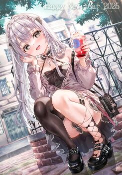 1girl 2026 asymmetrical_legwear bag black_bag black_choker black_shirt black_shoes black_skirt black_socks black_thighhighs blush bow braid breasts brick_wall building buttons choker cobblestone collarbone commentary_request crown_braid day double-breasted drink fence frilled_shirt frills fujima_takuya full_body grey_eyes hair_bow halterneck hand_on_own_cheek hand_on_own_face handbag happy_new_year holding holding_drink jewelry layered_shirt light_particles light_rays long_hair long_sleeves looking_at_viewer necklace new_year off_shoulder open_mouth original outdoors park pink_shirt puffy_sleeves shadow shirt shoes skirt small_breasts smile socks solo squatting sunlight teeth thigh_strap thighhighs tree under_tree upper_teeth_only white_hair