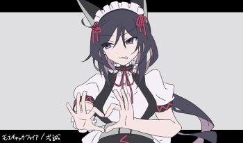 1girl animal_ears annoyed breasts cat_ears chaos;child cheren_r clenched_teeth commentary_request fake_animal_ears hair_ornament heart heart_hands highres kunosato_mio long_hair looking_to_the_side maid maid_headdress mayqueen_maid_uniform medium_breasts puffy_short_sleeves puffy_sleeves purple_eyes purple_hair science_adventure short_sleeves solo steins;gate teeth upper_body waist_belt