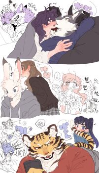 2023 3boys 3girls ? anger_vein bite_marks biting biting_tail blue_eyes blue_hair blue_shirt blush brown_hair bruise bruise_on_face claws couple ear_piercing fangs furry furry_male furry_with_non-furry highres hood hoodie injury interspecies jacket leg_lock multiple_boys multiple_girls muscular muscular_male pawpads piercing ponytail rabbit rabbit_boy rata_(norahasu) red_shirt shirt size_difference skirt speech_bubble sweat tail teeth tiger tiger_boy wolf wolf_boy