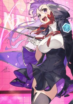1girl bb_(fate) bb_(fate/extra) black_coat black_skirt black_thighhighs blush breasts coat collared_shirt fadingz fate/grand_order fate_(series) gloves hair_ribbon high-waist_skirt large_breasts long_hair long_sleeves looking_at_viewer neck_ribbon open_clothes open_coat open_mouth pointer popped_collar purple_eyes purple_hair red_ribbon ribbon shirt skirt smile solo thighhighs thighs very_long_hair white_gloves white_shirt wide_sleeves