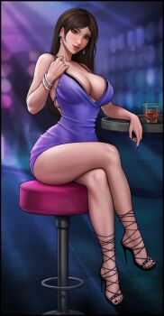 1girl aroma_sensei breasts cleavage dress earrings feet final_fantasy final_fantasy_vii high_heels jewelry large_breasts legs nail_polish shoes sitting skirt solo tifa_lockhart