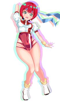 1girl absurdres akira1408 amate_yuzuriha aqua_eyes cameltoe cosplay full_body gundam gundam_gquuuuuux headband highleg highleg_leotard highres leotard open_mouth red_hair short_hair solo top_wo_nerae!_(series)