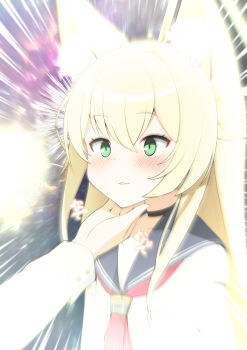1girl absurdres animal_ears blonde_hair blue_archive breasts commentary_request emphasis_lines fang green_eyes hair_between_eyes hand_on_another&#039;s_chin highres kurumi_(blue_archive) long_hair meme open_mouth school_uniform small_breasts solo_focus space_cat_(meme) surprised translation_request tt_0965