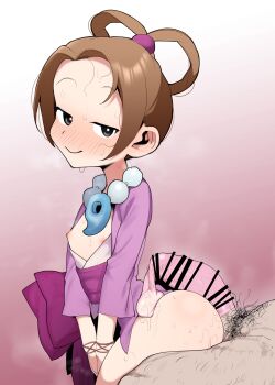 1boy 1girl absurdres ace_attorney aftersex age_difference ass azarashi_(kkuh3353) black_eyes blush breasts breasts_out brown_hair censored condom condom_on_penis cum flat_chest forehead gradient_background hair_ornament hair_rings half-closed_eyes hetero highres japanese_clothes kimono large_penis loli looking_at_viewer magatama magatama_necklace male_pubic_hair messy_hair naughty_face necklace nipples open_clothes open_kimono pearl_fey penis penis_on_ass pubic_hair purple_kimono short_hair smile solo_focus sweat used_condom used_condom_on_penis