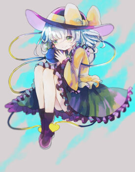 1girl black_footwear black_hat blouse bow buttons diamond_button eyeball frilled_shirt_collar frilled_sleeves frills full_body green_eyes green_hair green_skirt hat hat_bow hat_ribbon heart heart_of_string hiyuu_(hiyualice) komeiji_koishi ribbon shirt skirt solo third_eye touhou wide_sleeves yellow_bow yellow_ribbon yellow_shirt