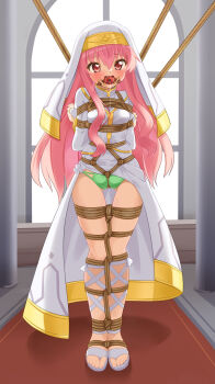 1girl arms_behind_back ball_gag bdsm blush bondage bound bound_arms bound_legs bound_torso breasts carpet church church_interior clothes_lift collared_dress commission crotch_rope dress drooling embarrassed female_focus full_body gag gagged gluteal_fold green_panties headdress highres legs legs_together long_hair long_sleeves looking_ahead looking_at_viewer louise_francoise_le_blanc_de_la_valliere mukanata nun panties pantyshot pillar pink_eyes pink_hair priestess red_carpet rope saliva saliva_trail sandals shibari shibari_over_clothes side_slit skeb_commission skin_tight skindentation small_breasts solo thigh_gap thighs toes underwear very_long_hair white_dress window zero_no_tsukaima