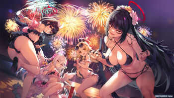 Rule 34 | 4girls, ass, azusa (blue archive), azusa (swimsuit) (blue archive), beach, bikini, black hair, blue archive, blush, breasts, commentary request, constricted pupils, eyewear on head, fireworks, hair ornament, halo, hifumi (blue archive), hifumi (swimsuit) (blue archive), highres, large breasts, long hair, looking at viewer, low twintails, mashiro (blue archive), mashiro (swimsuit) (blue archive), multiple girls, navel, night, official alternate costume, official art, open mouth, outdoors, partially visible vulva, red halo, ribbon-trimmed swimsuit, ribbon trim, sand, sandals, sanpaku, short hair, side-tie bikini bottom, small breasts, swimsuit, tomose shunsaku, tsurugi (blue archive), tsurugi (swimsuit) (blue archive), twintails, white hair, winged halo, wings