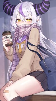1girl absurdres ahoge alternate_costume bag bandaid bandaid_on_knee bandaid_on_leg black_horns black_skirt blue_bag braid braided_bangs brown_cardigan cardigan coffee commentary_request covered_mouth cropped_legs cup demon_horns disposable_coffee_cup disposable_cup double-parted_bangs enpera grey_hair hair_between_eyes highres holding holding_cup hololive horns la+_darknesss long_hair long_sleeves looking_at_viewer multicolored_hair neckerchief plaid_clothes plaid_scarf pleated_skirt pointy_ears purple_sailor_collar purple_scarf purple_streaks ripu_(sherypton) sailor_collar scarf scarf_over_mouth school_bag school_uniform single_sleeve_past_wrist sitting skirt solo streaked_hair striped_horns v-shaped_eyebrows very_long_hair virtual_youtuber yellow_neckerchief