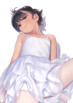 1girl aoi_kumiko athletic_leotard ballerina black_hair braid collarbone commentary_request covered_erect_nipples crown_braid female_focus flat_chest grey_eyes highres layered_skirt leotard loli looking_at_viewer original pantyhose skirt sleeveless solo tutu white_leotard white_pantyhose white_skirt