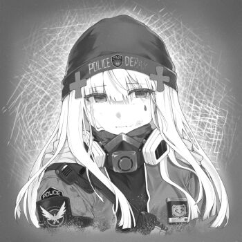 1girl agent_416_(girls&#039;_frontline) agent_416_(shield_of_manhattan)_(girls&#039;_frontline) bruise cross crying crying_with_eyes_open facepaint girls&#039;_frontline greyscale hair_between_eyes hair_ornament hairclip hat highres hk416_(girls&#039;_frontline) injury iron_cross jacket long_hair mask mask_around_neck monochrome police police_uniform solo teardrop tears tom_clancy&#039;s_the_division upper_body very_long_hair wavy_mouth yurika_w_0308