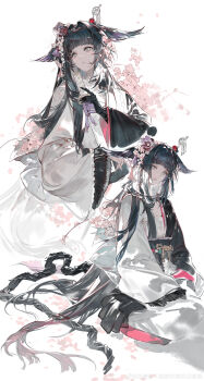 1girl absurdres arched_bangs arknights black_gloves black_hair black_kimono black_sash black_tail blunt_bangs breasts cherry_blossoms chest_sarashi cleavage closed_mouth eteru floral_background flower full_body gloves grey_eyes hair_flower hair_intakes hair_ornament hand_on_own_thigh head_wings highres holding holding_sword holding_weapon japanese_clothes kimono long_hair long_sidelocks long_sleeves looking_at_viewer looking_to_the_side mechanical_tail mio_(arknights) multiple_views obi obiage obijime pants parted_lips pearl_hair_ornament petals pink_flower pink_petals sarashi sash seiza sheath sheathed short_sword sidelocks single_glove sitting sleeves_past_wrists split-color_clothes sword tail tantou tassel two-tone_kimono upper_body very_long_hair weapon white_background white_kimono white_pants wide_sleeves wings
