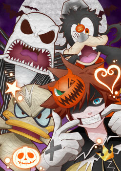 4boys absurdres donald_duck formal_clothes gloves goofy halloween highres jack_skellington jacket kingdom_hearts kingdom_hearts_i long_sleeves looking_at_viewer male_focus multiple_boys open_mouth pinstripe_pattern pinstripe_suit short_hair skeleton smile sora_(kingdom_hearts) striped_clothes suit the_nightmare_before_christmas tumugu7k white_hair