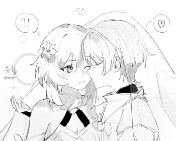 !? 1boy 1girl arm_at_side armor bare_shoulders blunt_ends blush breasts cleavage closed_mouth collarbone commentary detached_sleeves dress eyelashes facing_another flower genshin_impact greyscale hair_flower hair_ornament halterneck hand_up heart hetero highres japanese_armor japanese_clothes kariginu kiss kissing_cheek kote looking_at_another lumine_(genshin_impact) monochrome open_hand parted_lips pom_pom_(clothes) scaramouche_(genshin_impact) scaramouche_(kabukimono)_(genshin_impact) scarf shared_veil short_hair short_hair_with_long_locks sidelocks spoken_heart spoken_interrobang string symbol-only_commentary twitter_username veil whisper_(suisuibingtang) white_background