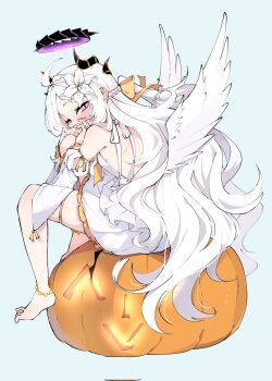 1girl ahoge angel_wings black_halo blue_archive breasts demon_girl demon_horns demon_wings halloween halo haluu0813 highres horns long_hair looking_at_viewer low_wings pumpkin purple_eyes simple_background sitting small_breasts solo very_long_hair white_hair white_wings wings