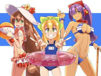 3girls android arm_up ball bandana bandana_around_neck beachball bikini blonde_hair blunt_bangs bow bracelet breasts brown_hair cleavage clenched_teeth cowboy_shot dark-skinned_female dark_skin double_v flower frilled_bikini frills from_side green_eyes hair_bow hair_ornament hair_over_eyes hair_over_one_eye hat headgear headset high_ponytail highres hime_cut holding holding_ball holding_beachball innertube iris_(mega_man) ishigaki_(sora_roxas) jewelry joints large_breasts layer_(mega_man) long_hair looking_at_viewer medium_breasts mega_man_(series) mega_man_x_(series) mega_man_x_dive mole mole_under_eye multiple_girls navel navigator o-ring o-ring_bikini official_alternate_costume open_mouth ponytail purple_hair red_bikini red_scarf robot_ears robot_girl robot_joints roll_(mega_man) scarf school_swimsuit simple_background smile striped_bikini striped_clothes sun_hat sun_hat_ornament swim_ring swimsuit swimsuit_iris_(mega_man) swimsuit_layer_(mega_man) swimsuit_roll_(mega_man) teeth v very_long_hair