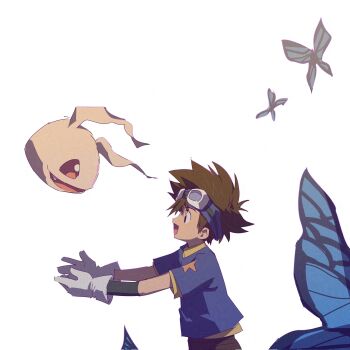 Rule 34 | blue shirt, brown eyes, brown hair, brown shorts, bug, butterfly, cowboy shot, digimon, digimon (creature), digimon adventure, from side, goggles, goggles on head, highres, insect, koromon, male focus, midair, profile, shirt, shorts, simple background, strawvery 1318, white background, yagami taichi