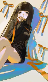 1girl :o bare_legs black_dress black_sweater blunt_bangs blush brown_eyes brown_hair commentary commission cowboy_shot dispersion_(optics) dot_nose dress half-closed_eyes head_tilt highres jewelry long_hair looking_at_viewer looking_down nan_(71nnmo) orange_ribbon original parted_lips ribbed_sweater ribbon ring shadow short_dress sitting skeb_commission sleeves_past_wrists solo straight_hair sweater sweater_dress tareme turtle turtleneck turtleneck_dress turtleneck_sweater very_long_hair
