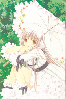 00s 1girl artbook blonde_hair bow chii chobits clamp dress female_focus frilled_dress frilled_sleeves frilled_socks frilled_umbrella frills highres knees_up layered_dress long_hair looking_at_viewer parasol ribbon scan scan_artifacts sitting smile socks solo tree umbrella white_dress white_socks yellow_eyes