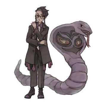 absurdres arbok black-framed_eyewear black_jacket closed_mouth cobra_(animal) corbeau_(pokemon) dress_pants eyewear_strap forked_tongue gen_1_pokemon glasses hand_on_own_shoulder head_tilt highres ichi_kawa_ichi jacket long_sleeves looking_to_the_side male_focus necktie nintendo parted_hair pokemon pokemon_(creature) pokemon_legends:_z-a round_eyewear short_hair snake solo standing tongue undercut white_background white_necktie