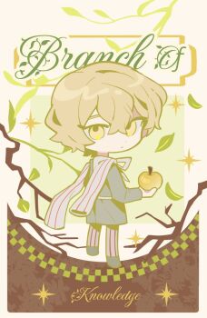 Rule 34 | 1boy, apple, blonde hair, branch, english text, falling leaves, food, fruit, full body, holding, holding food, holding fruit, leaf, limbus company, looking at viewer, looking back, male focus, project moon, short hair, sinclair (project moon), solo, south ac, sparkle, yellow eyes