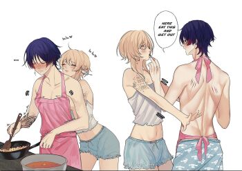 1boy 1girl animal_print apron arm_tattoo bare_back bare_shoulders black_eyes black_nails blonde_hair bloomers blue_bloomers blue_feathers blue_shorts blunt_ends blush breasts camisole cleavage closed_eyes closed_mouth collarbone cooking couple crop_top cross cross_earrings cross_tattoo ear_piercing earrings elpheltel english_text eyelashes facing_another facing_down feather_hair_ornament feathers feeding finger_tattoo flat_chest food fried_rice genshin_impact grabbing_from_behind grey_nails groping hair_ornament hetero highres injury jewelry looking_at_another lumine_(genshin_impact) median_furrow mixing_bowl multicolored_feathers naked_apron navel outstretched_arms pectorals piercing pink_apron pink_lips purple_hair rabbit_print ribbon scaramouche_(genshin_impact) scratches second-party_source shorts shoulder_blades speech_bubble stirring sweatdrop tattoo trembling underwear white_background white_camisole white_feathers white_ribbon wide-eyed wispy_bangs