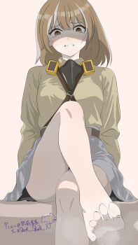 1girl absurdres arknights barefoot brown_eyes brown_hair crossed_legs feet highres looking_at_viewer magallan_(arknights) medium_hair multicolored_hair parted_lips shaded_face shark_shark_xt soles steam streaked_hair sweat toes