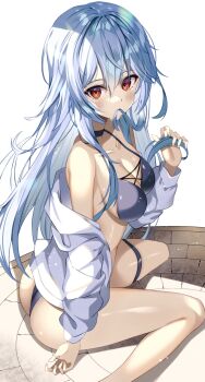 Rule 34 | 1girl, @shun, ass, ayanami rei, bikini, blue hair, blush, breasts, evangelion: 3.0+1.0 thrice upon a time, highres, long hair, looking at viewer, looking back, medium breasts, neon genesis evangelion, rebuild of evangelion, red eyes, sitting, solo, swimsuit, thighs