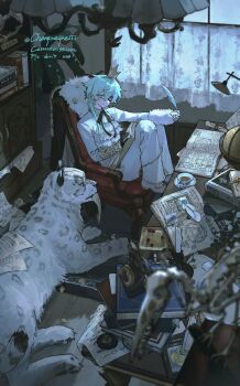 1boy antique_phone aqua_eyes aqua_hair arm_on_knee arm_warmers artist_name ascot black_bow black_bowtie black_gloves blurry bone book bookshelf bow bowtie candle carpet chair chandelier chenpeipeii commission crown curtains depth_of_field desk dutch_angle ear_piercing eyepatch from_above full_body gloves highres holding holding_quill indoors knees_up leaning_back long_hair looking_at_animal male_focus messy_room mini_crown on_chair open_book original pants piercing plant potted_plant quill shadow shirt sidelighting sitting slice_of_life smile snow_leopard white_footwear white_gloves white_pants white_shirt wolf_cut