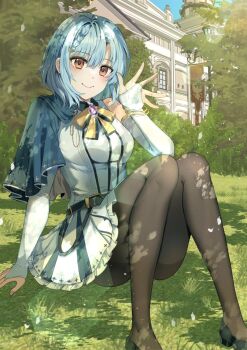 1girl anna_pollentia bare_shoulders belt black_pantyhose blue_cape blue_eyes braid braided_hair_rings brown_eyes cape chocho_(homelessfox) dress fingerless_gloves genius_summoner_at_necromancy_academy gloves grass hair_rings hand_up jewelry long_hair neckerchief palace pantyhose school_uniform shoes sitting sleeveless sleeveless_dress smile tree white_dress white_gloves white_sleeves yellow_neckerchief