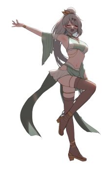 1girl absurdres anklet armpits bare_shoulders bracelet breasts brown_thighhighs closed_eyes commission crop_top dancer detached_sleeves facing_viewer gadeung_hye gold_choker green_shirt hair_ornament hairclip harem_outfit high_ponytail highres jewelry leg_up long_hair medium_breasts midriff miniskirt mouth_veil navel open_mouth original outstretched_arm pelvic_curtain ponytail revealing_clothes shirt simple_background skirt sleeveless sleeveless_shirt smile solo standing standing_on_one_leg stomach thighhighs thighlet v-shaped_eyebrows veil very_long_hair white_background white_hair white_skirt wide_sleeves