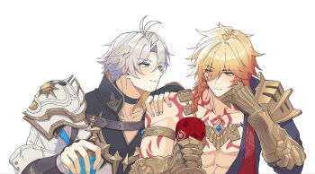 2boys absurdres antenna_hair arm_tattoo armlet armor black_choker black_coat black_shirt blonde_hair blue_eyes braid chest_tattoo choker clawed_gauntlets coat cup earrings facial_tattoo gold_earrings gold_necklace gradient_hair hashtag-only_commentary highres holding holding_cup honkai:_star_rail honkai_(series) jewelry male_focus medium_hair multicolored_hair multiple_boys mydei_(honkai:_star_rail) necklace open_clothes open_coat parted_bangs pauldrons phainon_(honkai:_star_rail) red_hair red_tattoo shirt short_hair shoulder_armor side_braid simple_background single_pauldron sugarsalt_o tattoo white_background white_coat white_hair yaoi yellow_eyes