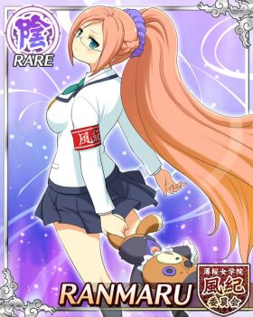 armband blue_eyes blue_skirt braid breasts button_eyes buttons card_(medium) closed_mouth from_behind glasses green_necktie hair_ornament hair_scrunchie half_up_half_down_braid holding holding_stuffed_toy jacket kumapooh_(senran_kagura) light_frown long_hair looking_at_viewer looking_back medium_breasts necktie orange_hair pleated_skirt purple_scrunchie ranmaru_(senran_kagura) red_armband school_uniform scrunchie senran_kagura senran_kagura_new_wave skirt stuffed_animal stuffed_toy teddy_bear toritsu_hakuou_academy_school_uniform very_long_hair white_jacket