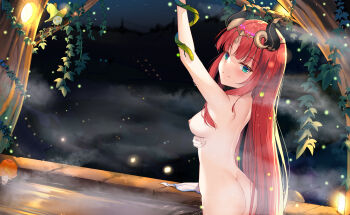 1girl absurdres alternate_costume alternate_hairstyle arm_up ass blunt_bangs blurry breasts chinese_commentary commentary_request completely_nude depth_of_field dongyue_sakura fake_horns fireflies from_behind fungi_(genshin_impact) genshin_impact green_eyes hair_down head_tilt headpiece highres horns long_hair looking_at_viewer looking_back medium_breasts night night_sky nilou_(genshin_impact) nipples nude onsen red_hair sidelocks sky sleeveless smile snake solo star_(sky) starry_sky steam tree wet_towel