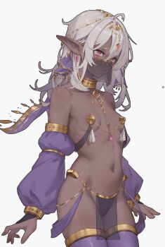 1girl absurdres arabian_clothes armlet breasts cameltoe covered_erect_nipples dancer dark-skinned_female dark_elf dark_skin earrings elf g-string gem gold_trim harem_outfit head_chain highres huge_filesize jewelry loincloth loli long_hair long_sleeves mouth_veil navel neck_ring original pelvic_curtain pointy_ears puffy_long_sleeves puffy_sleeves red_eyes revealing_clothes see-through_clothes simple_background skinny small_breasts solo thighhighs thighs thong txooxt veil white_background white_hair