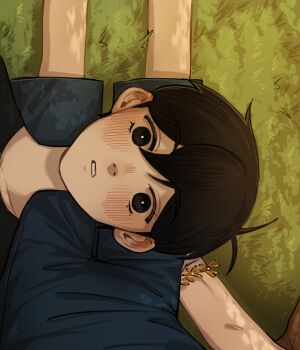 2boys alternate_costume antenna_hair basil_(faraway)_(omori) basil_(omori) black_eyes black_hair black_overalls black_shirt blush bracelet bright_pupils commentary double-parted_bangs english_commentary flower_bracelet grass hair_between_eyes highres jewelry krerue looking_at_viewer male_focus multiple_boys omori outdoors overall_shorts overalls parted_lips pov shirt short_hair sunny_(omori) white_pupils