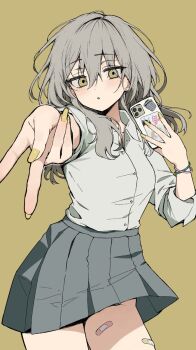 1girl alternate_costume bandaid bandaid_on_leg bracelet cellphone collared_shirt commentary_request cowboy_shot earrings grey_hair grey_skirt hair_between_eyes highres holding holding_phone honkai:_star_rail honkai_(series) jewelry long_hair looking_at_viewer nail_polish parted_lips phone pinponpaaru pleated_skirt school_uniform shirt shirt_tucked_in simple_background skirt smartphone solo stelle_(honkai:_star_rail) stud_earrings trailblazer_(honkai:_star_rail) v white_shirt yellow_background yellow_nails