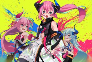 2girls blue_eyes blue_hair commentary_request delta_(honkai_impact) fang highres honkai_(series) honkai_impact_3rd horns liliya_olenyeva long_hair looking_at_viewer multicolored_hair multiple_girls multiple_horns paint_splatter pink_hair purple_eyes rozaliya_olenyeva single_horn skin_fang suppa_(hagakuresuppa) sweatdrop