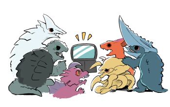 absurdres chibi claws crest engi_(animation_studio) fins fish gamera gamera_(series) gamera_-rebirth- giant giant_monster green_eyes guiron gyaos highres jiger kadokawa kaiju manta_ray monster no_humans octopus official_art open_mouth penguin_box promotional_art purple_eyes red_eyes sea_monster sharp_teeth shell short_tail simple_background skate_(fish) slit_pupils smile squid stingray sword tail talons teeth television tentacles turtle turtle_shell tusks viras weapon white_background wings yellow_eyes zigra