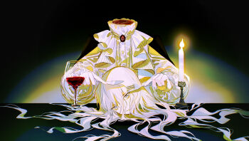 1girl absurdres alcohol ascot baocaizi candle candlelight commentary cup decapitation drinking_glass english_commentary fork frown green_eyes guro highres holding holding_fork holding_knife knife long_hair long_sleeves looking_at_viewer original parted_lips severed_head shirt sidelocks table upper_body very_long_hair white_ascot white_hair white_shirt wine wine_glass