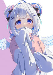Rule 34 | 1girl, absurdres, ahoge, amane kanata, amane kanata (7th costume), angel wings, blue eyes, blue hair, blush, colored inner hair, commentary request, covering own mouth, crossed arms, double bun, grey hair, hair bun, hair ornament, highres, hololive, jacket, kisara mikami, long sleeves, looking at viewer, multicolored clothes, multicolored hair, multicolored jacket, pink background, pink hair, sleeves past fingers, sleeves past wrists, solo, streaked hair, two-tone background, two-tone jacket, upper body, virtual youtuber, white background, wings, x hair ornament