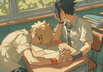 2boys absurdres black_hair black_necktie black_pants blonde_hair blush book classroom closed_eyes collared_shirt desk ear_blush facial_mark haruiro_(hrm_ino) hashtag-only_commentary head_on_hand highres holding_hands interlocked_fingers male_focus multiple_boys naruto_(series) necktie pants parted_lips school school_desk school_uniform shirt short_hair signature sitting spiked_hair twitter_username uchiha_sasuke upper_body uzumaki_naruto whisker_markings white_shirt window yaoi