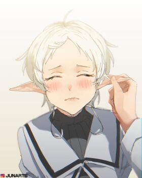 1girl artist_name blush closed_eyes closed_mouth eargasm elf grabbing_another&#039;s_ear gradient_background grey_background grey_robe hand_on_another&#039;s_ear highres instagram_logo instagram_username junarts mushoku_tensei parted_bangs playing_with_another&#039;s_ears pointy_ears pov pov_hands robe short_hair solo_focus sylphiette_(mushoku_tensei) uncommon_stimulation upper_body wavy_mouth white_hair