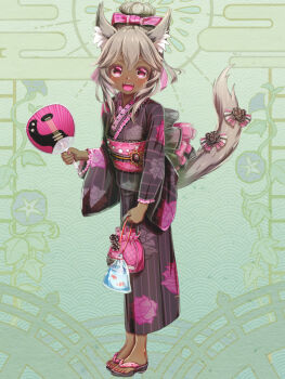 1girl :d aiuabo animal_ears bag bagged_fish black_kimono bow dairoku_ryouhei dark-skinned_female dark_skin fish floral_print floral_print_kimono green_background grey_hair hair_bow hair_up hand_fan holding holding_fan japanese_clothes kimono kinchaku obi open_mouth pink_eyes pink_nails pouch print_kimono sandals sash smile standing tail tail_bow tail_ornament wide_sleeves