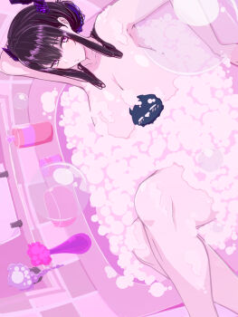 1girl arm_up asymmetrical_horns bathing bathtub black_hair blue_hair blush breasts bubble candle crossed_legs demon_horns flower highres hololive hololive_english horns jailbird_(nerissa_ravencroft) large_breasts lying mole mole_under_eye multicolored_hair nerissa_ravencroft nude on_back on_person partially_submerged purple_eyes qwq_oekaki shared_bathing sideways soap_bubbles two-tone_hair uneven_horns vase virtual_youtuber water
