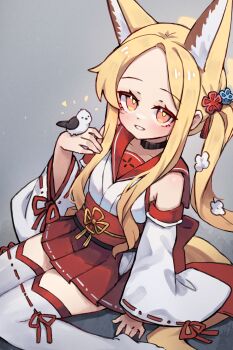 1girl animal_ears bare_shoulders bird bird_on_hand black_choker blonde_hair blue_archive choker cosplay detached_sleeves fox_ears fox_girl fox_tail grey_background grin halo highres japanese_clothes kaede_(blue_archive) kaede_(blue_archive)_(cosplay) kimono long_hair long_sleeves looking_at_viewer miya_(miyaruta) parted_lips red_eyes red_sailor_collar red_skirt ribbon-trimmed_sleeves ribbon-trimmed_thighhighs ribbon_trim sailor_collar seia_(blue_archive) simple_background sitting skirt smile solo tail thighhighs twintails wariza white_kimono white_thighhighs yellow_halo