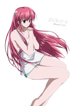 1girl barefoot breasts cleavage closed_mouth collarbone elfen_lied expressionless green_shorts hashtag-only_commentary horns kanzaki_nyo long_hair lucy_(elfen_lied) nyuu own_hands_clasped own_hands_together pink_hair red_eyes short_shorts shorts simple_background sitting solo tank_top translation_request twitter_username very_long_hair white_background white_tank_top