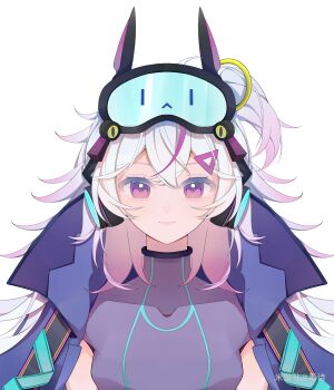 1girl absurdres benghuai_xueyuan blue_jacket chinese_commentary closed_mouth commentary_request du_shi goggles goggles_on_head highres honkai_(series) jacket leotard long_hair looking_at_viewer pink_eyes pink_hair purple_leotard simple_background smile solo spiked_hair tiara_starlumos white_background