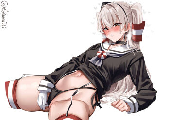 1girl amatsukaze_(kancolle) arm_support artist_name black_dress black_panties blush brown_eyes clothes_lift commentary_request dress dress_lift ebifurya female_masturbation fingering fingering_through_clothes garter_straps gloves grey_hair grey_neckerchief hair_between_eyes hair_intakes hair_tubes hat highleg highleg_panties kantai_collection lifebuoy_ornament long_hair long_sleeves masturbation mini_hat navel neckerchief no_pants one-hour_drawing_challenge panties red_thighhighs sailor_collar sailor_dress short_dress simple_background single_glove skindentation solo striped_clothes striped_thighhighs thick_thighs thighhighs thighs through_clothes twitter_username two_side_up underwear white_background white_gloves white_sailor_collar