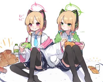 ... 2girls :i animal_ear_headphones animal_ears aqua_bow aqua_necktie artist_name bag_of_chips black_panties black_shorts black_skirt black_thighhighs blonde_hair blue_archive blunt_bangs blush bottle bow buttons cat_ear_headphones cat_ears chips_(food) closed_mouth collared_shirt commentary controller crossed_ankles eating fake_animal_ears food food_on_face frilled_skirt frills game_controller green_eyes green_halo green_jacket hair_bow halo headphones highres hokublu holding holding_controller holding_food holding_game_controller jacket knee_up knees_up layered_sleeves loli long_sleeves looking_at_another low-tied_sidelocks medium_hair midori_(blue_archive) miniskirt momoi_(blue_archive) multicolored_jacket multiple_girls necktie no_shoes notice_lines off_shoulder panties parted_bangs pink_bow pink_eyes pink_halo pink_jacket school_uniform shadow shirt short_shorts shorts siblings sidelocks simple_background sisters sitting skirt split_mouth suspender_skirt suspenders sweatdrop thighhighs twins twitter_username two-sided_fabric two-sided_jacket underwear water_bottle white_background white_jacket white_shirt wide_sleeves